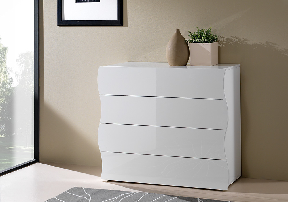 Cassettiera, Comò moderno a 4 cassetti sagomati, linea onda