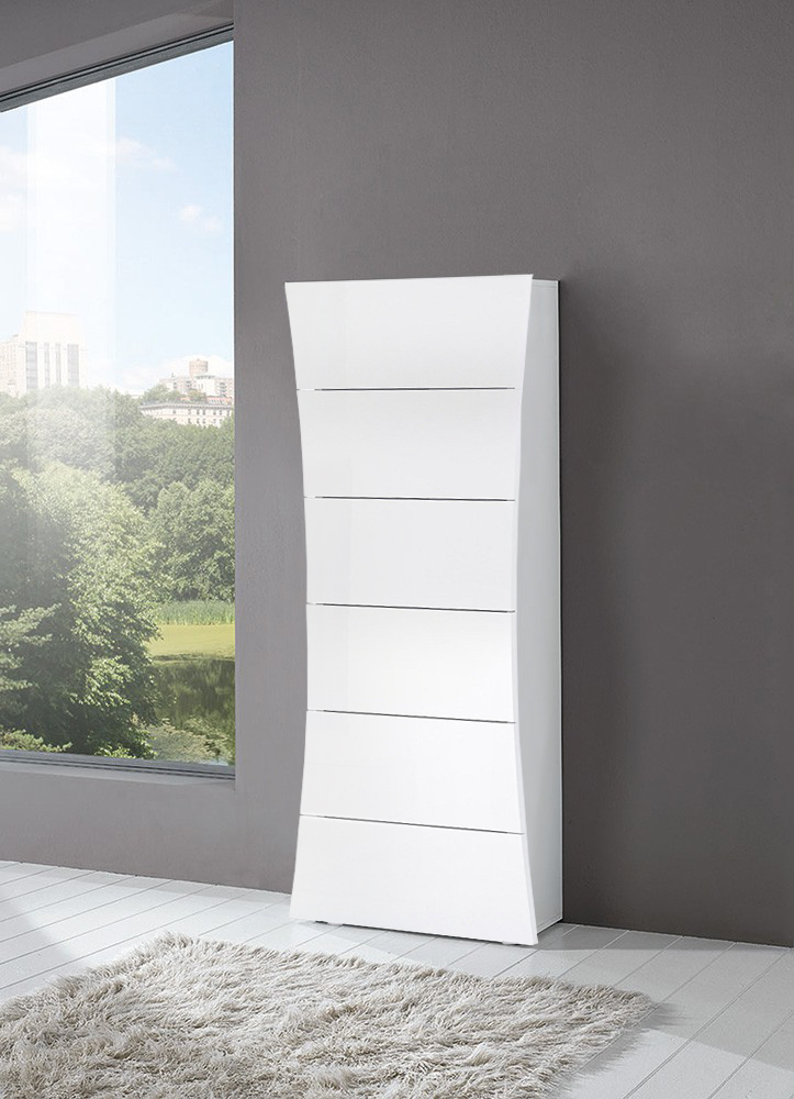Cassettiera a 6 cassetti curvi, bianco laccato lucido, linea arco