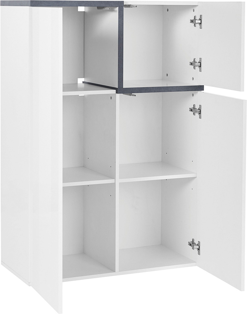 Madia alta con 3 ante in finitura bianco lucido, profili ardesia