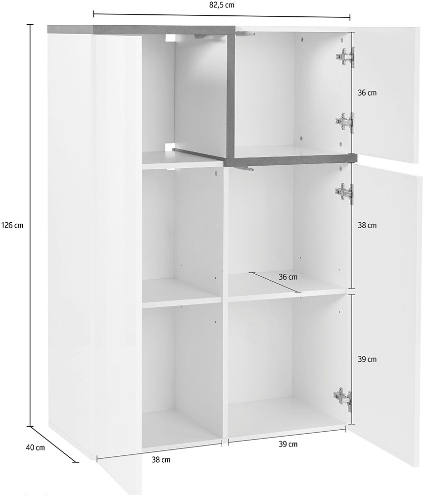 Madia alta con 3 ante in finitura bianco lucido, profili ardesia