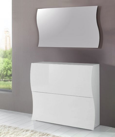 Scarpiera bianca laccata lucida di design, con 2 ante sagomate 