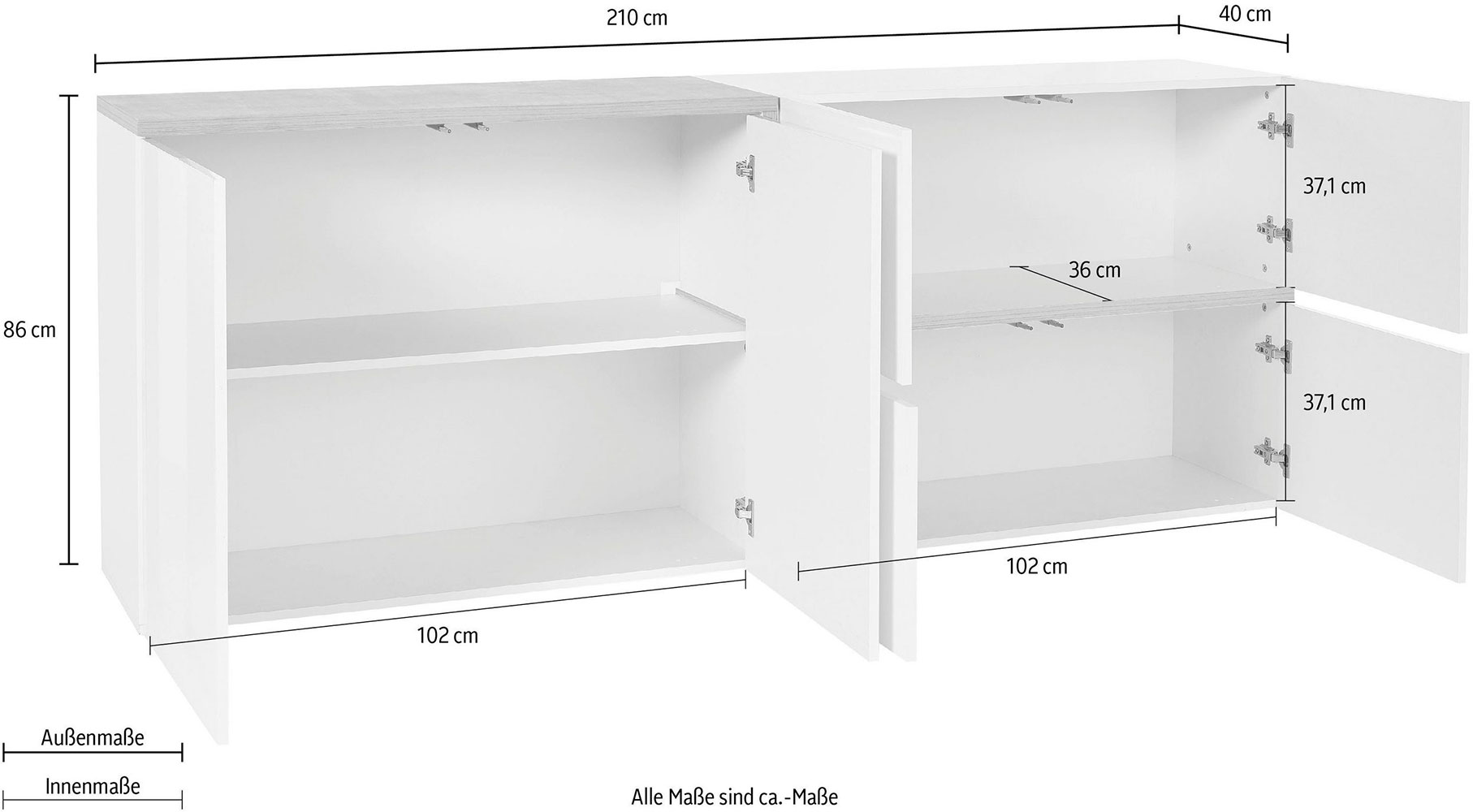 Madia moderna con 4 ante in finitura Bianco lucido e Pero L.210