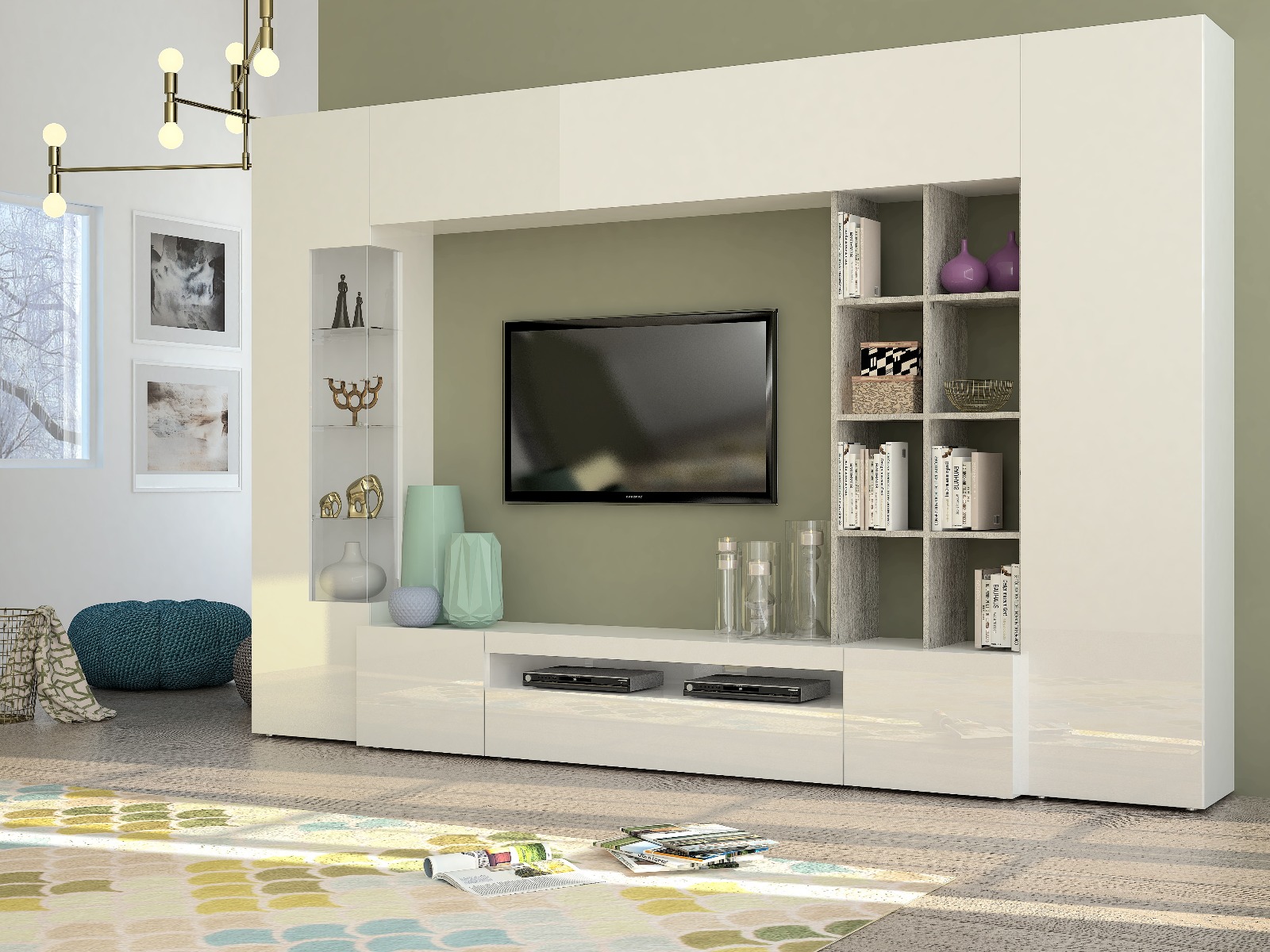 Parete attrezzata scontata, Bianca lucido e Cemento