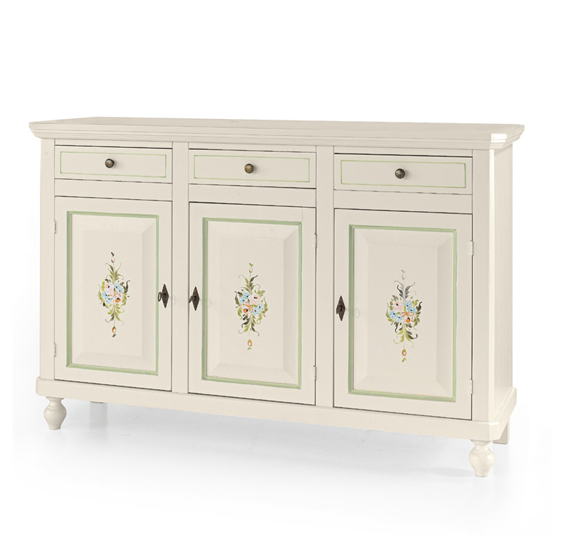 Credenza in legno, bianco opaco con decori, arte povera - cm 150x43