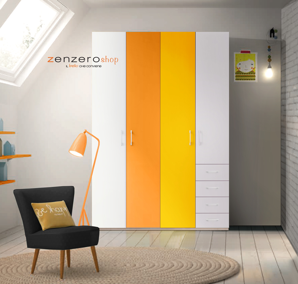 Armadio H.195 per camerette con 4 ante battenti e 4 cassetti in finitura LACCATO