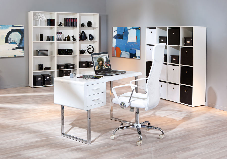 Scrivania da ufficio bianco lucido, con 2 cassetti,  gambe in metallo