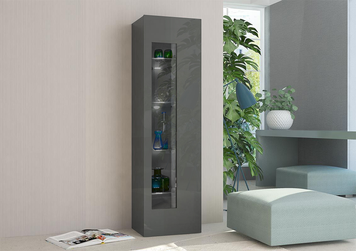 Colonna / Vetrina con 1 anta e ripiani in vetro in finitura Antracite lucido
