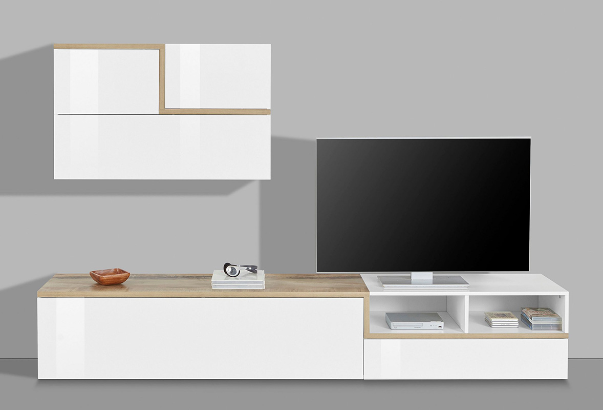 Mobile porta tv, parete attrezzata in finitura Bianco lucido e Pero