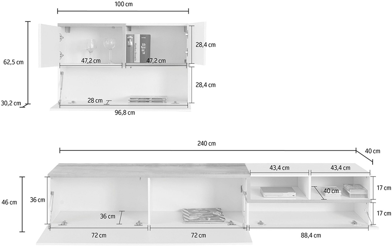 Mobile porta tv, parete attrezzata in finitura Bianco lucido e Pero