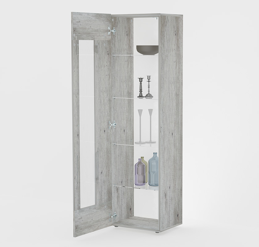 Colonna / Vetrina con 1 anta e ripiani in vetro in finitura Cemento