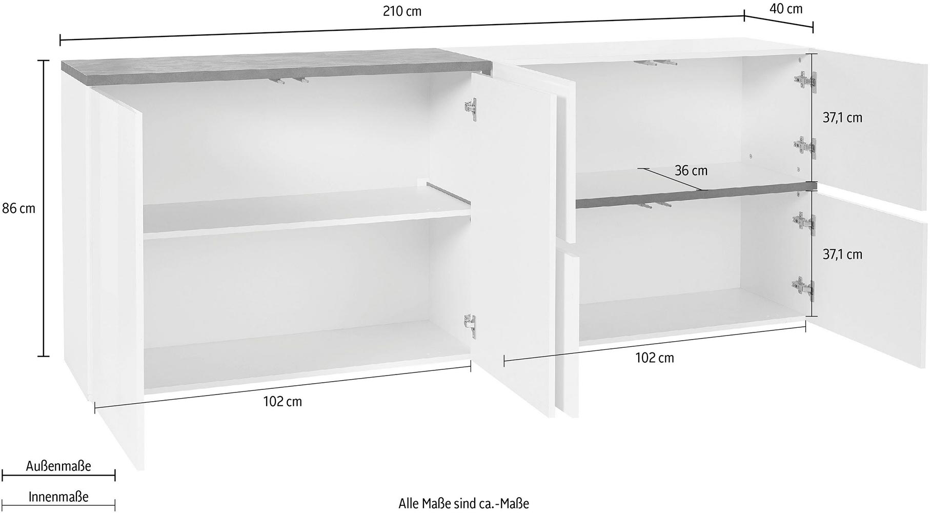 Madia moderna con 4 ante in finitura Bianco lucido e Ardesia L.210