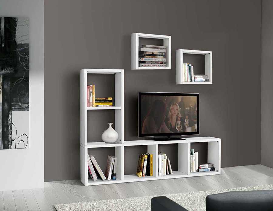 Porta Tv Moderno di Design, a quadrati, in Legno Bianco Frassinato