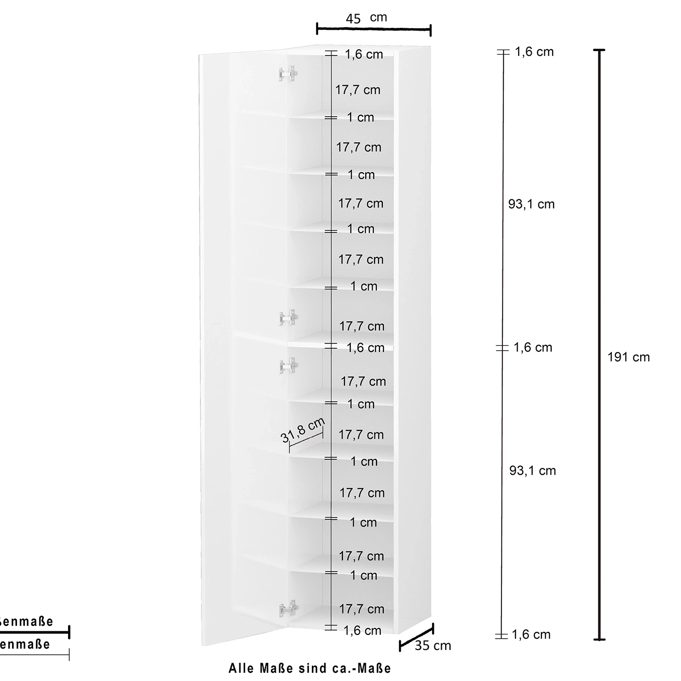 Set ingresso da 2 pezzi, 90x191x35 h cm, Bianco laccato lucido