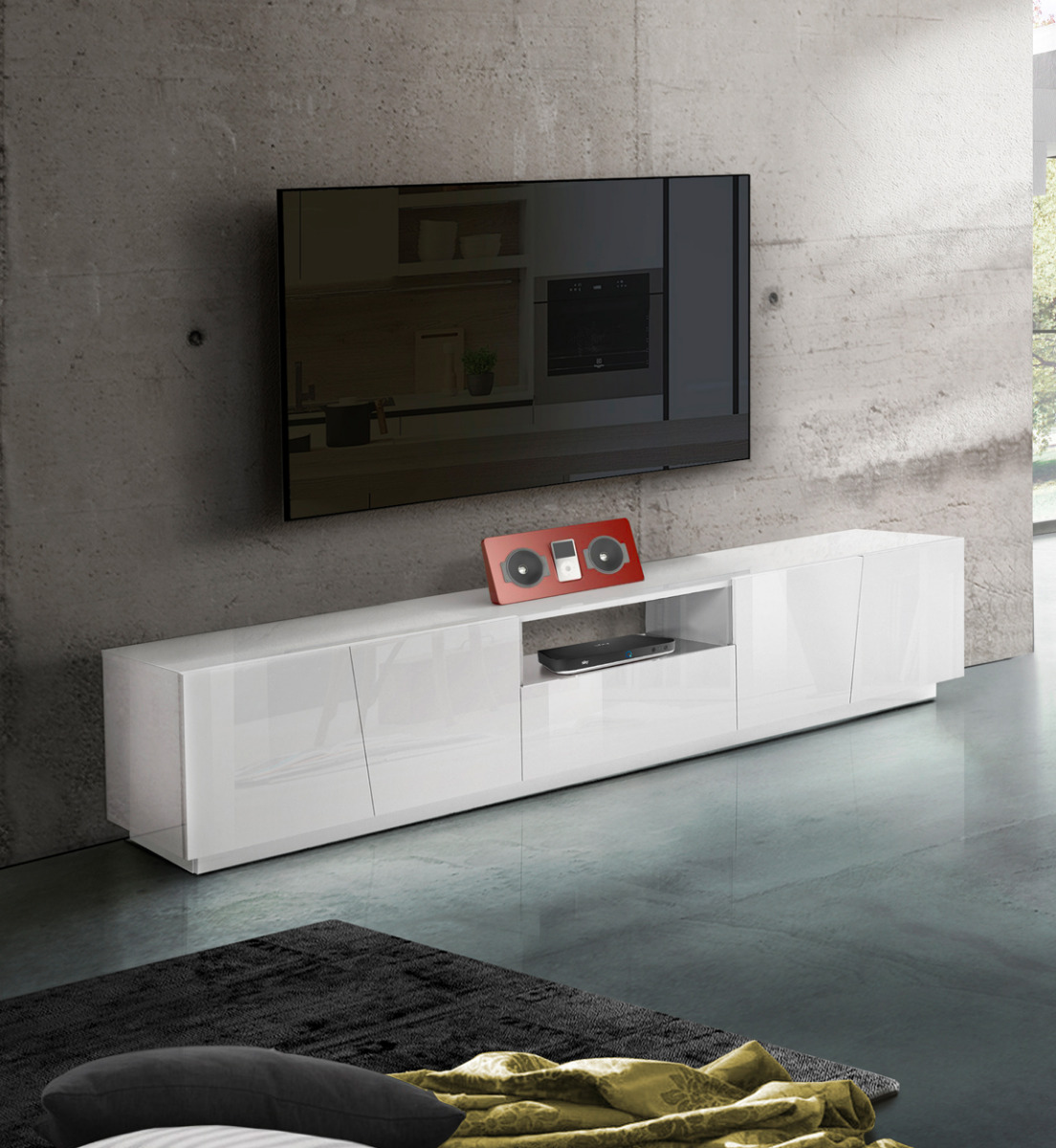 Funzionali Mobili per televisori con 4 ante e 1 cassetto in finitura bianco lucido