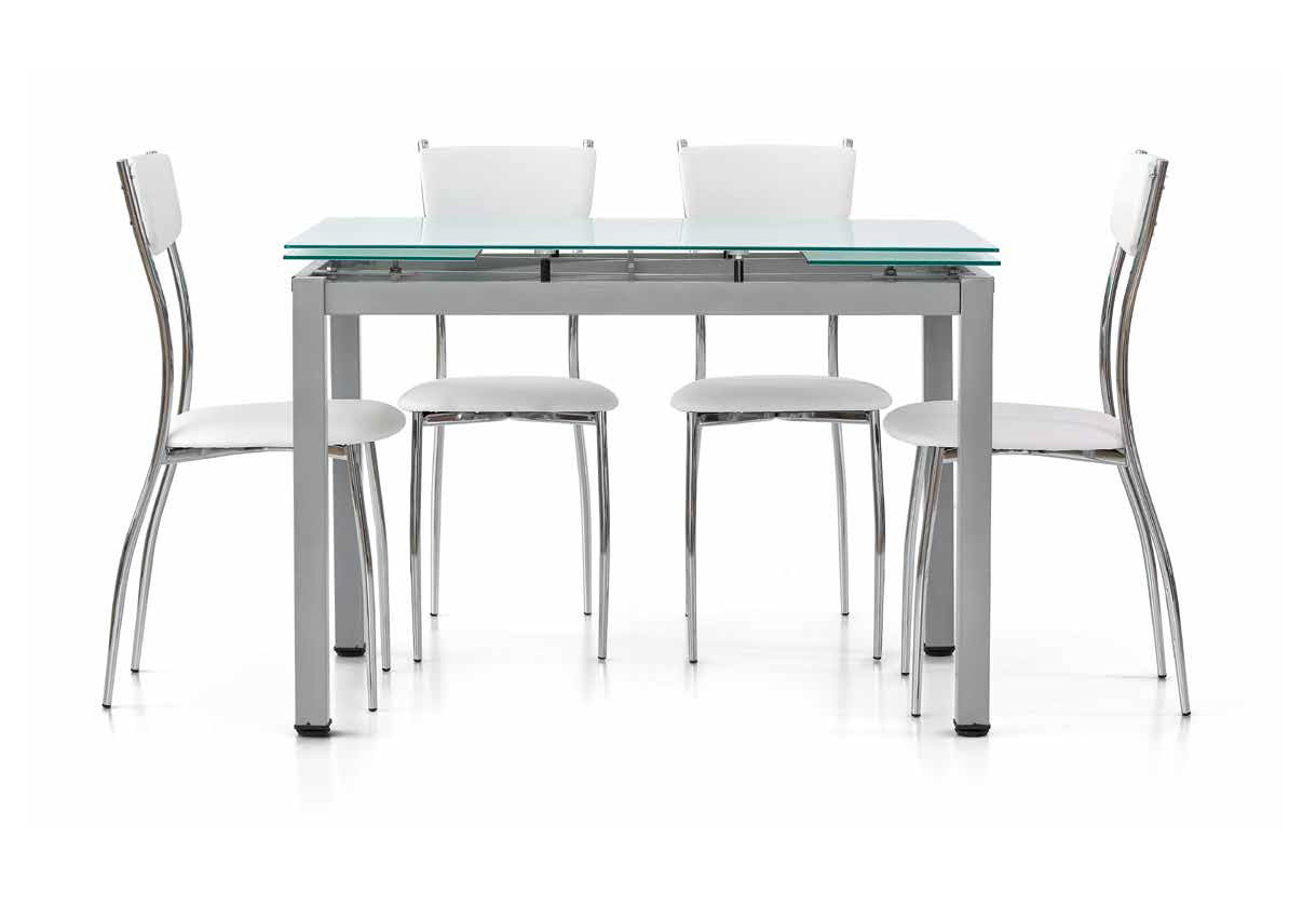 Tavolo allungabile, struttura in metallo e piano in vetro, con allunghe laterali