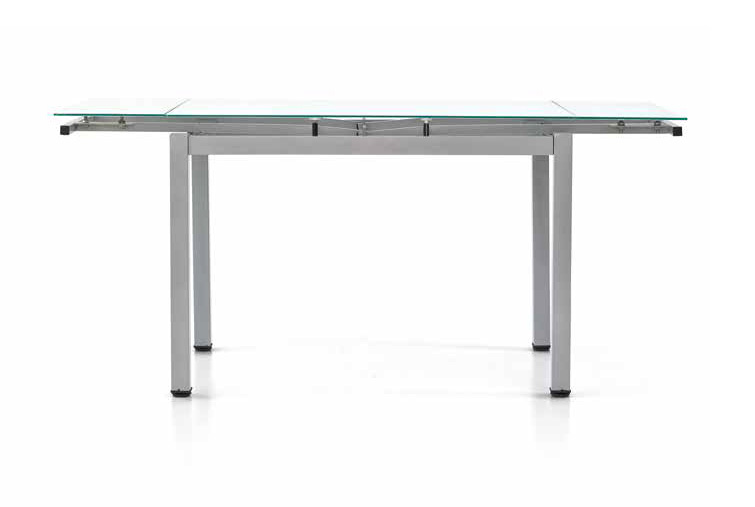 Tavolo allungabile, struttura in metallo e piano in vetro, con allunghe laterali