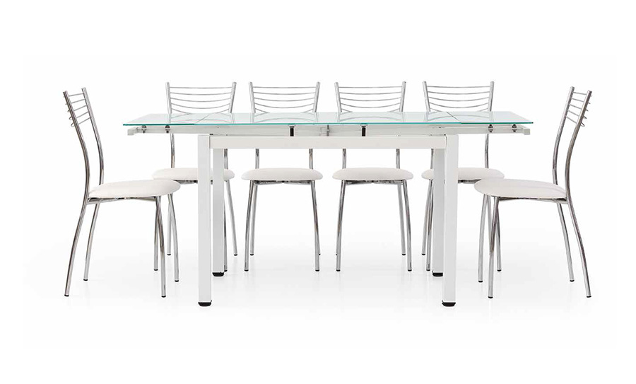 Tavolo allungabile, struttura in metallo bianco e piano in vetro, con apertura laterale