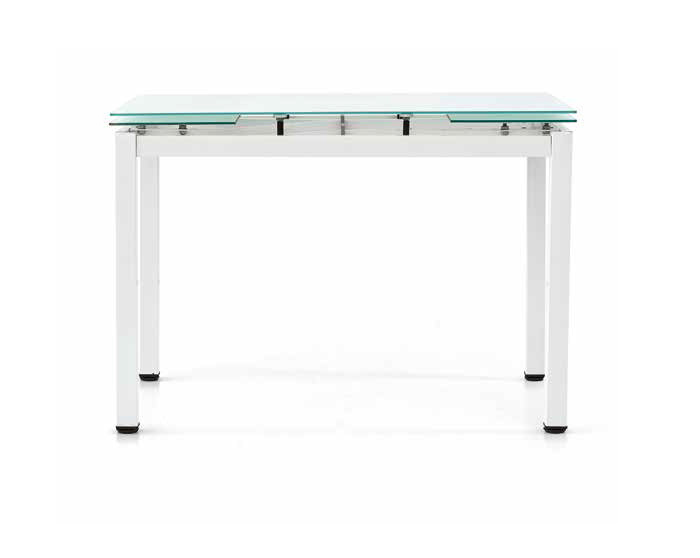 Tavolo allungabile, struttura in metallo bianco e piano in vetro, con apertura laterale