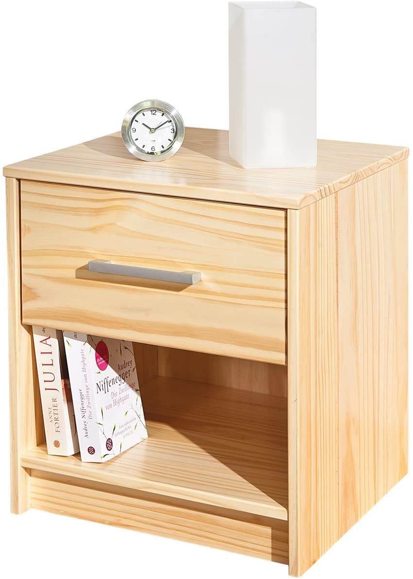 Comodino in legno massello, 1 cassetto, colore legno naturale