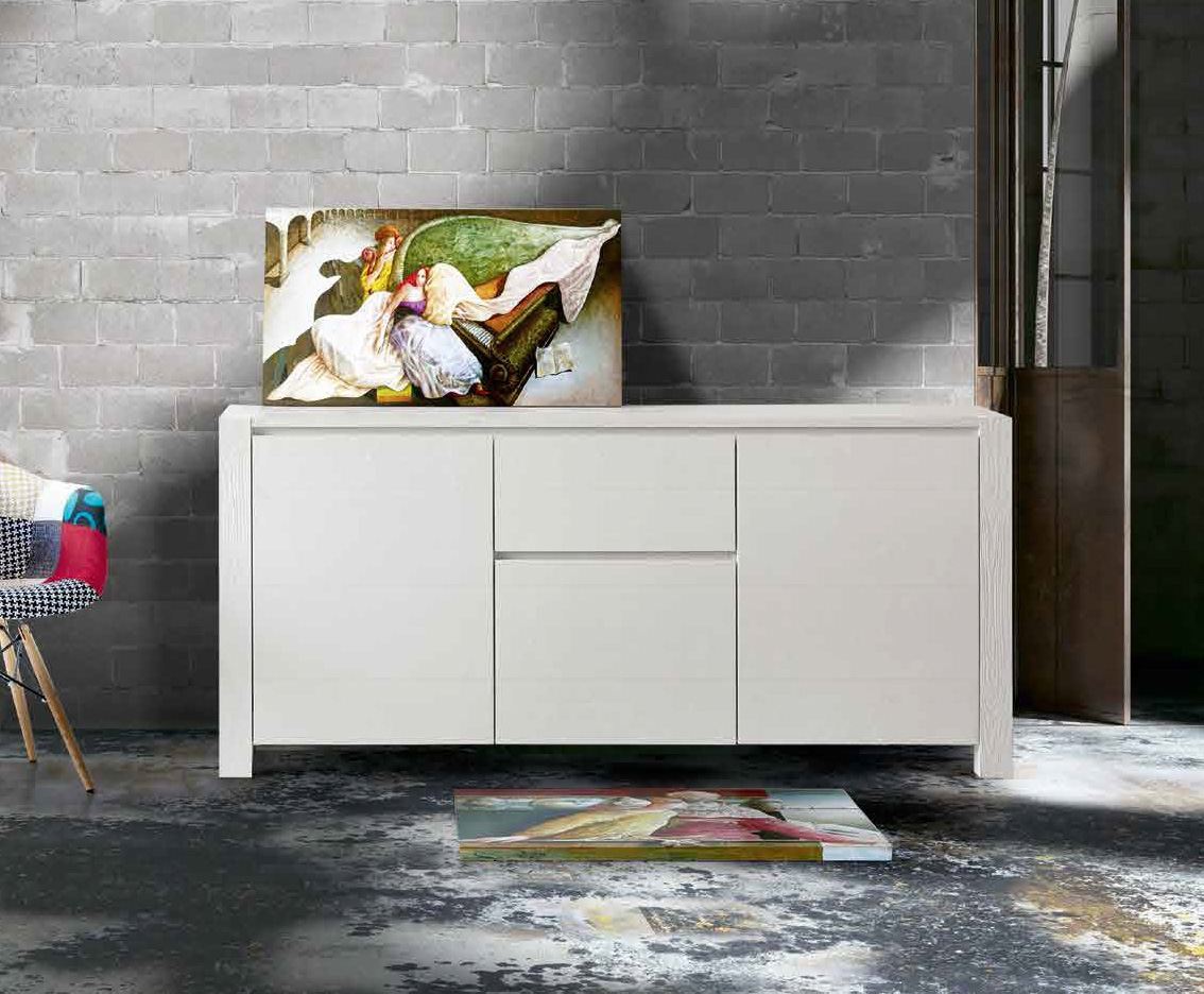 Credenza Moderna, Madia di Design, 2 ante e 2 cassetti, Abete Bianco Spazzolato