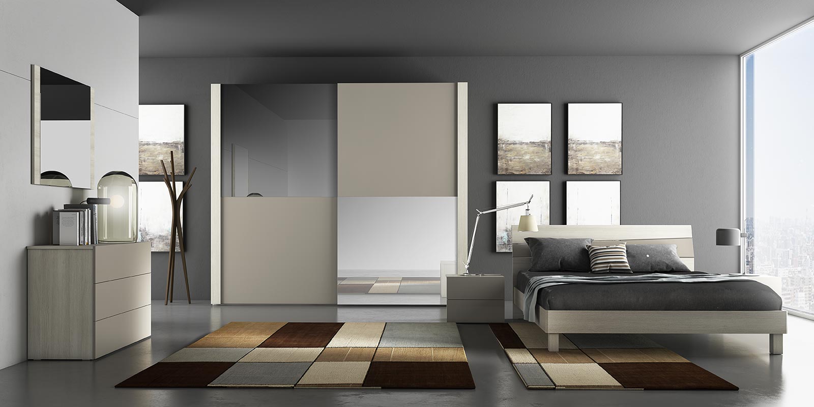 Camera matrimoniale completa Falco con  armadio ad ante scorrevoli in finitura Olmo e Tortora