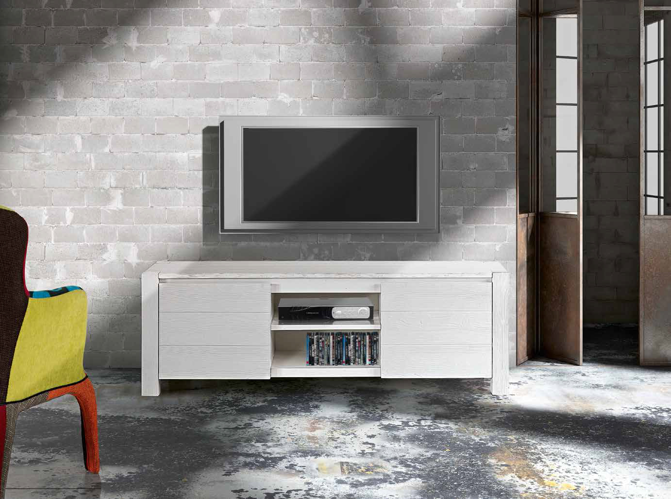 Porta Tv Moderno di Design, in Abete Bianco Spazzolato