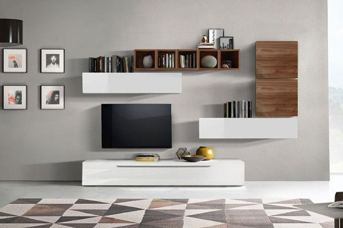 Soggiorno Zenzero, parete attrezzata, moderna e di design, bianco lucido e Noce Dark