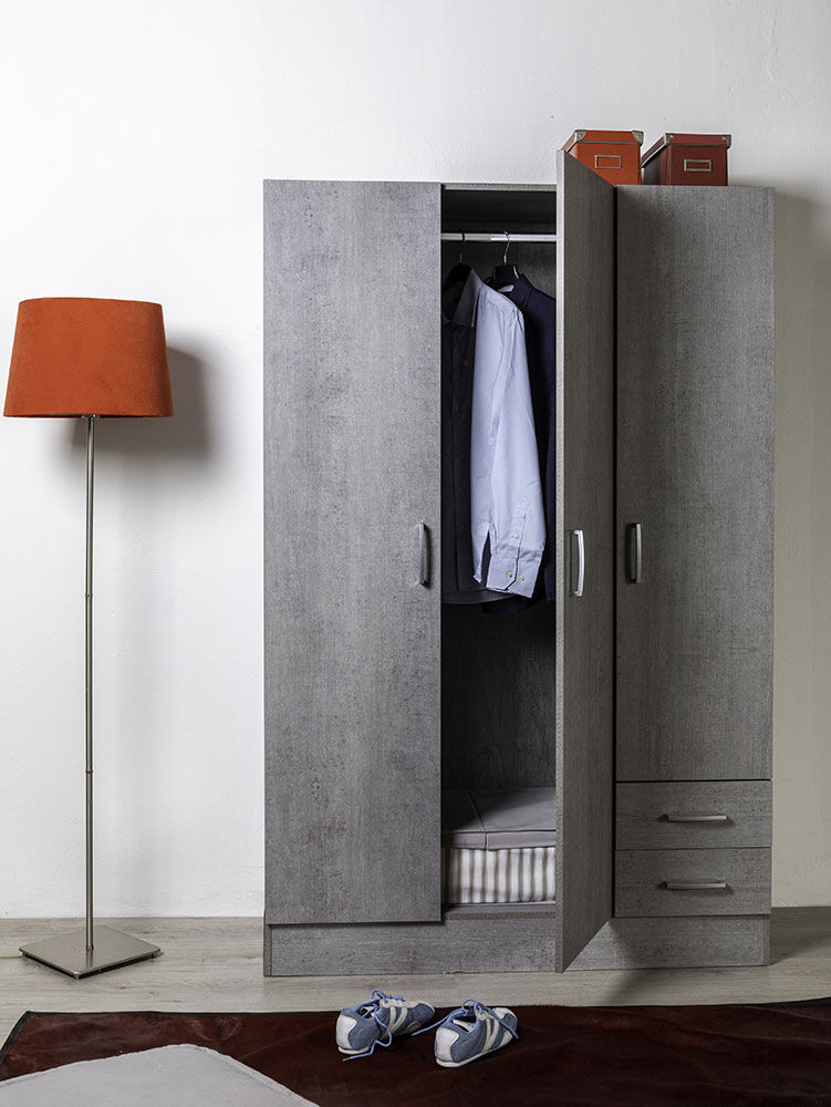 Armadio di design con 3 ante e 2 cassetti in finitura Cemento dark