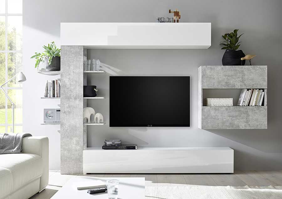 Funzionale Soggiorno Zenzero, parete attrezzata moderna con pensili, Bianco Laccato Lucido e Beton