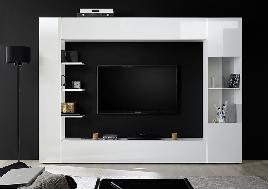 Soggiorno Zenzero, parete attrezzata con ribalta, vasistas e colonna con vetrina, finitura bianco lucido