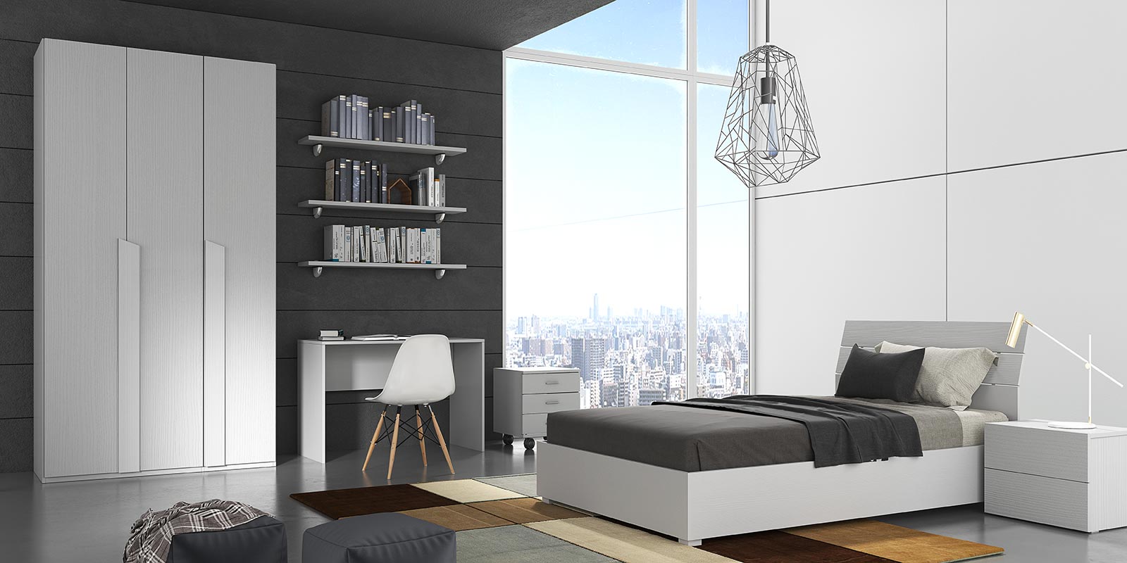 Camera completa Ghiandaia con letto 1 piazza e mezza in finitura Larice bianco