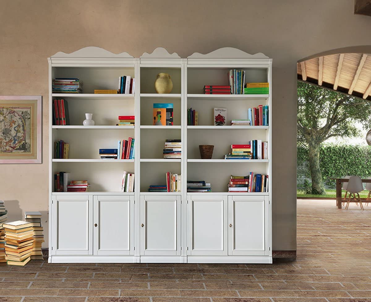 Libreria classica 5 ante in legno, finitura latte 