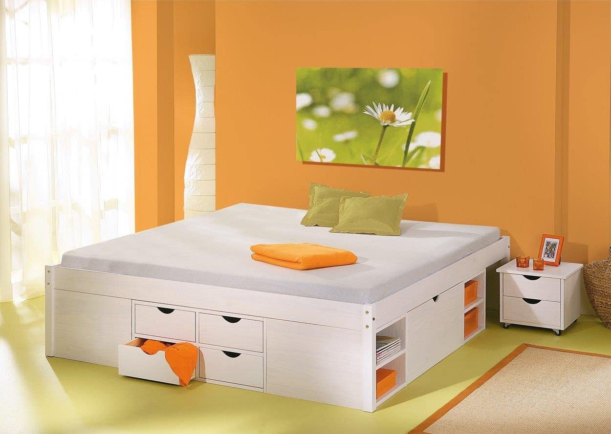 Letto per rete 140 x 200, in pino massello, verniciato bianco, con vani contenitore