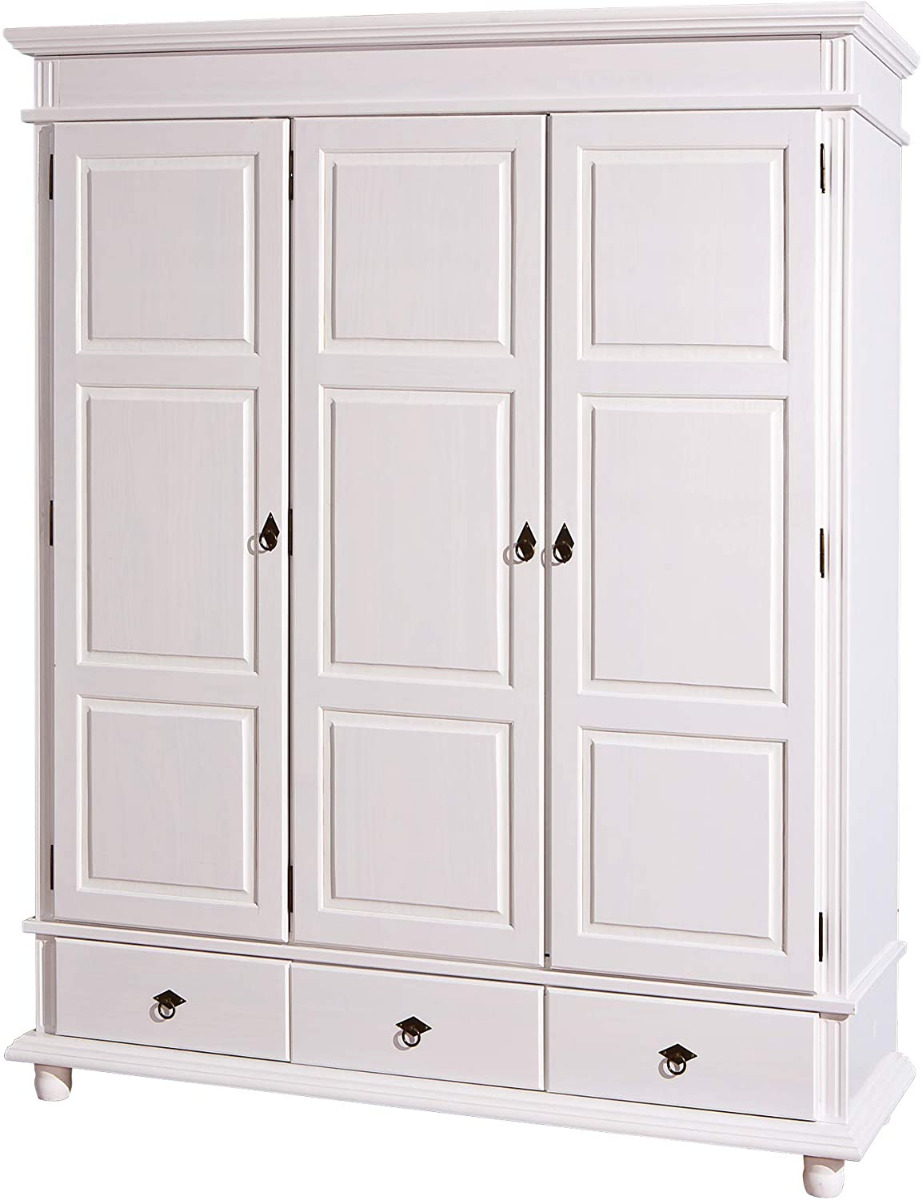 Armadio tre ante + tre cassetti / pino massello verniciato ad acqua bianco