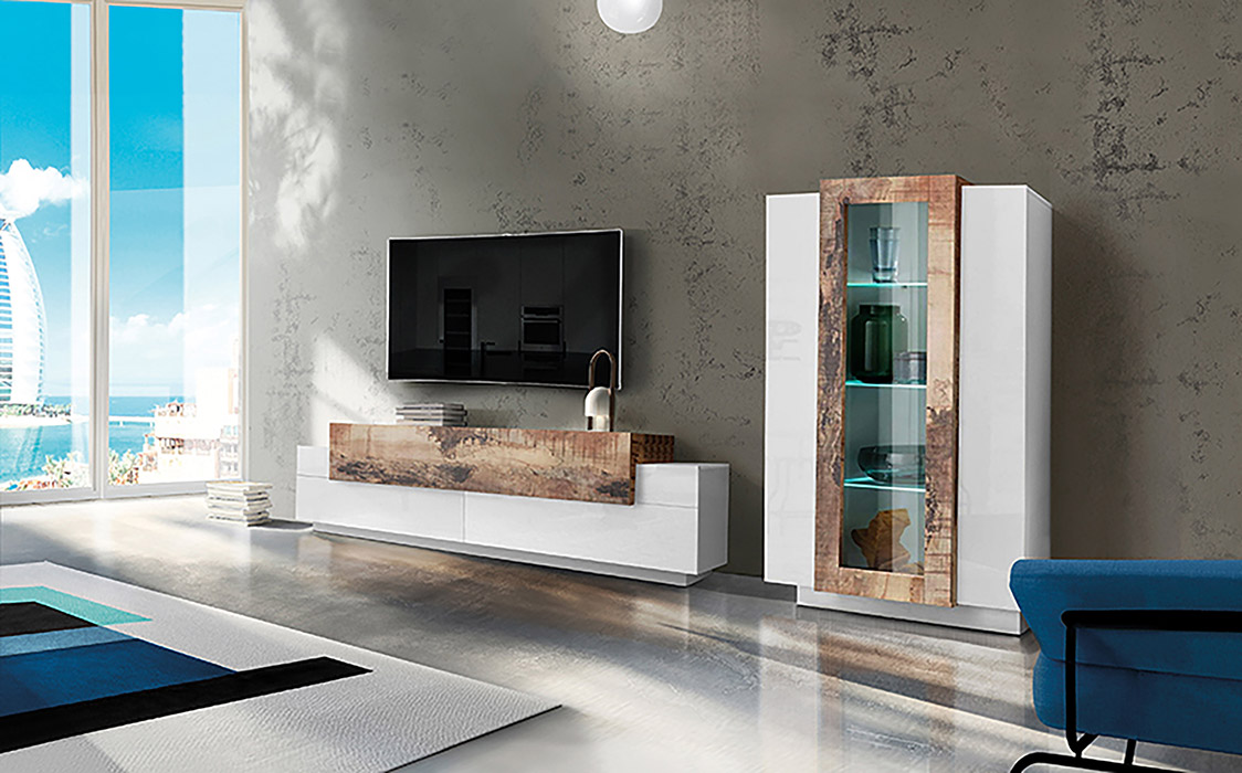 Soggiorno moderno con vetrina e porta tv in finitura Bianco lucido e Pero
