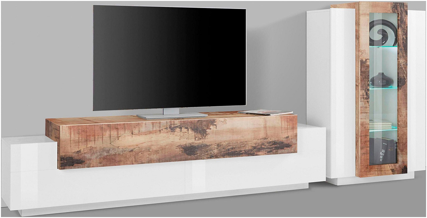 Soggiorno moderno con vetrina e porta tv in finitura Bianco lucido e Pero