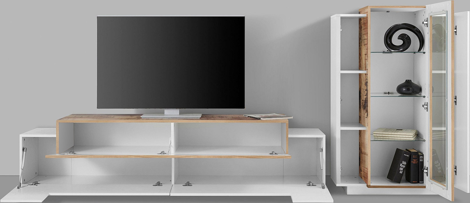 Soggiorno moderno con vetrina e porta tv in finitura Bianco lucido e Pero