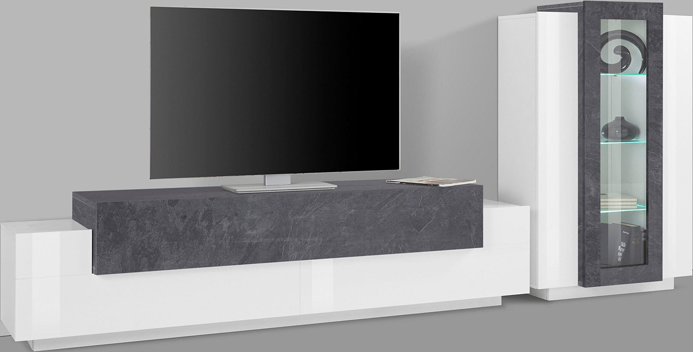 Soggiorno moderno con vetrina e porta tv in finitura Bianco lucido e Ardesia