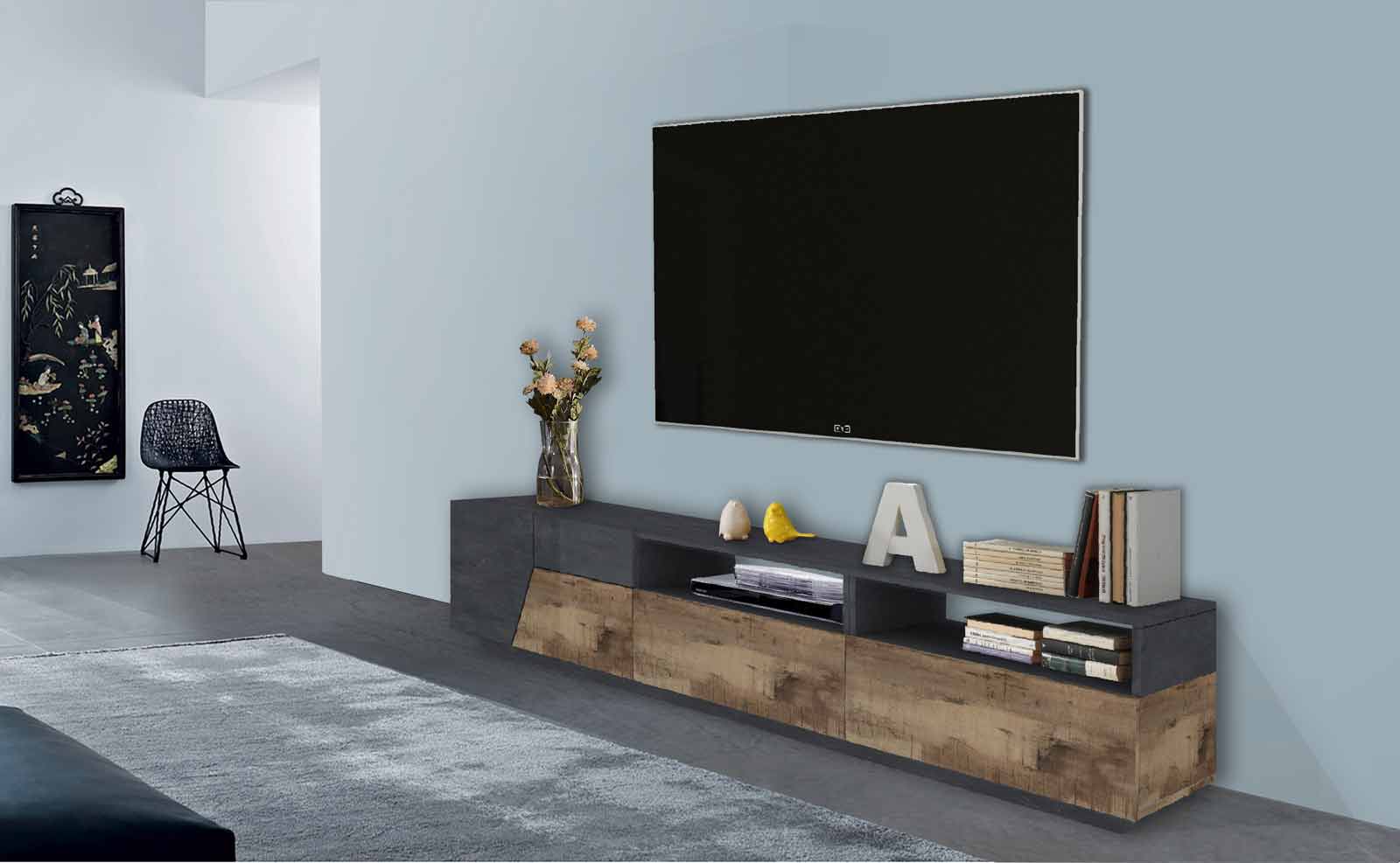 Porta TV dal design geometrico larghezza 200 cm, Pero e Ardesia