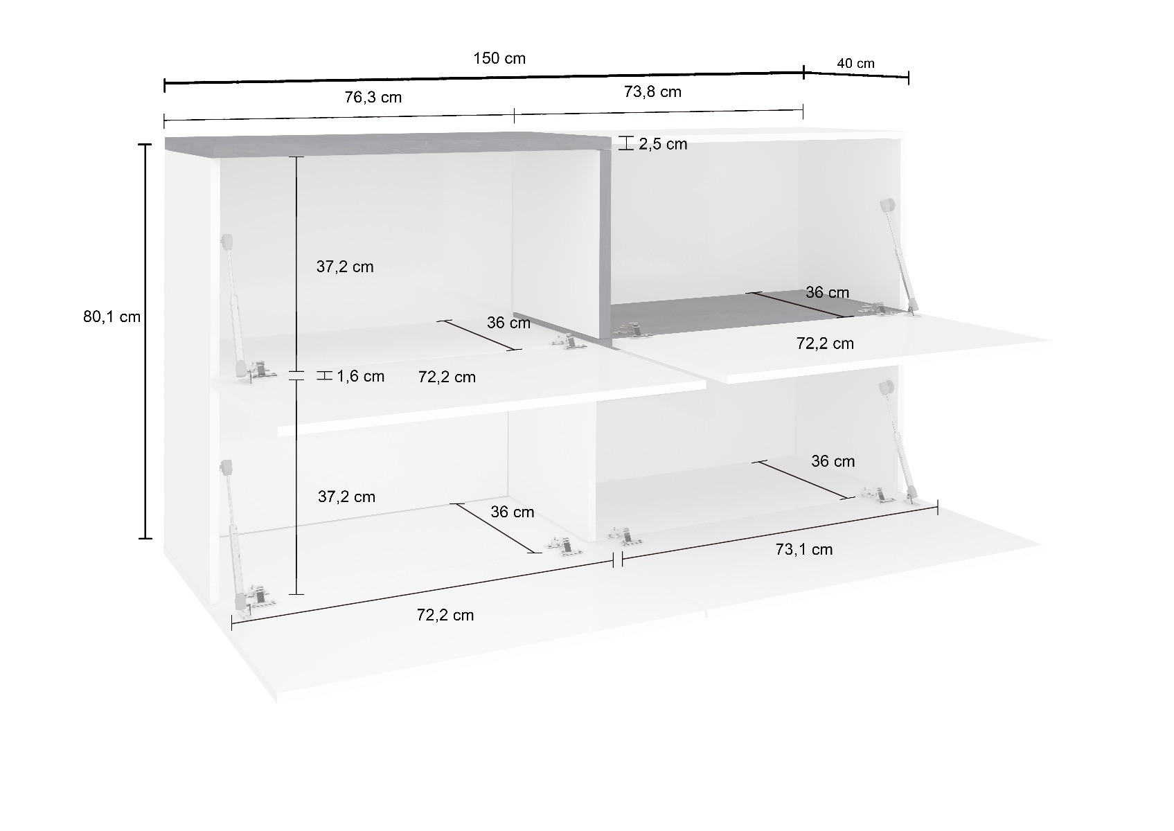 Madia moderna con 4 ante ribalta, finitura bianco lucido e ardesia, made in Italy