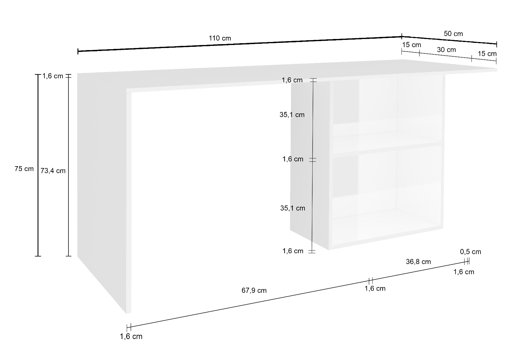 Scrivania bianco lucido, con vani contenitore, made in Italy