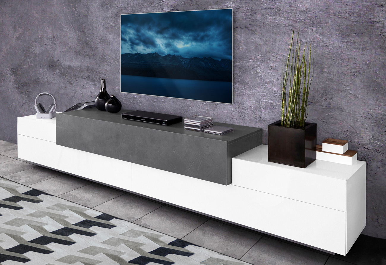 Moderno mobile porta TV  in finitura bianco lucido e ardesia