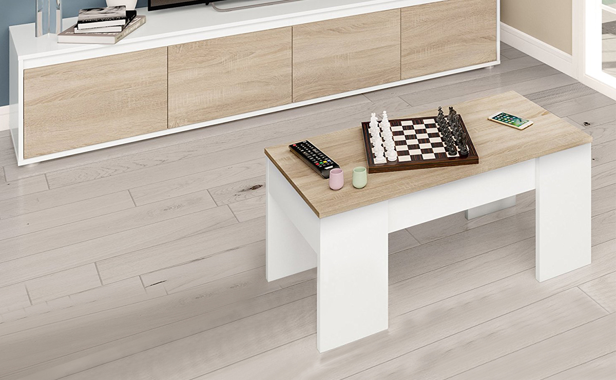 Tavolino basso con contenitore, bianco artik e rovere canadian