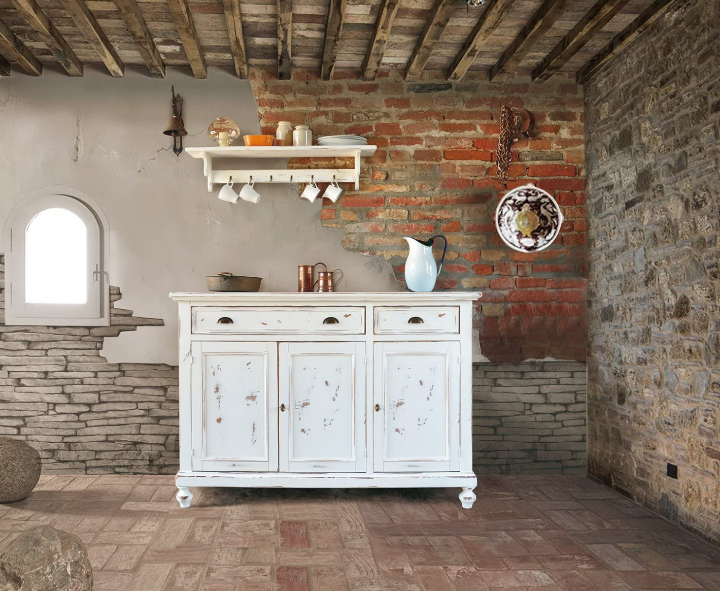 Credenza 3 ante in legno, bianco shabby