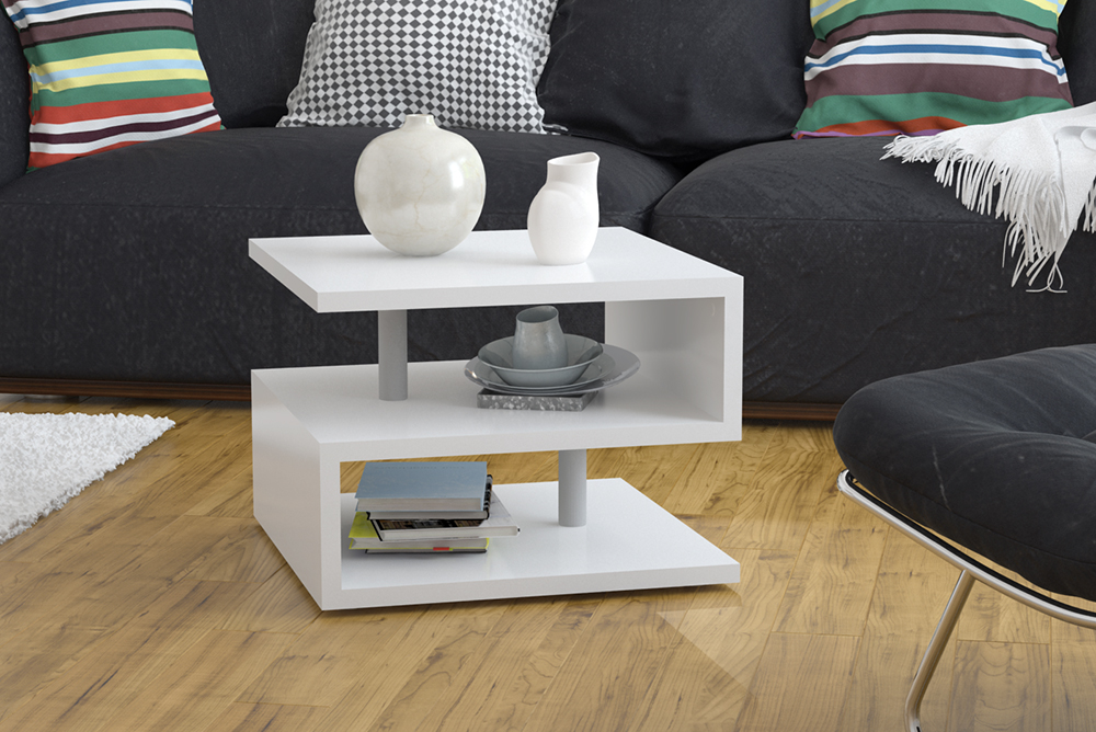 Tavolino moderno a forma di S in finitura bianco lucido