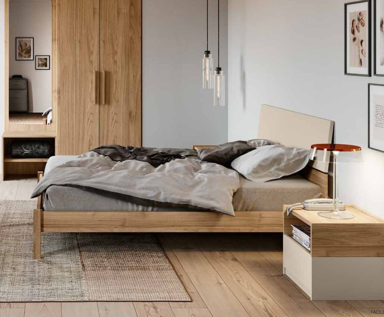 Letto matrimoniale Metiz, finitura Noce Biondo e orzo