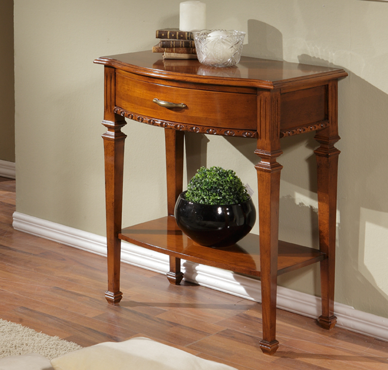 Consolle arte povera sagomata in legno finitura bassano, con ripiano inferiore e un cassetti 66x78