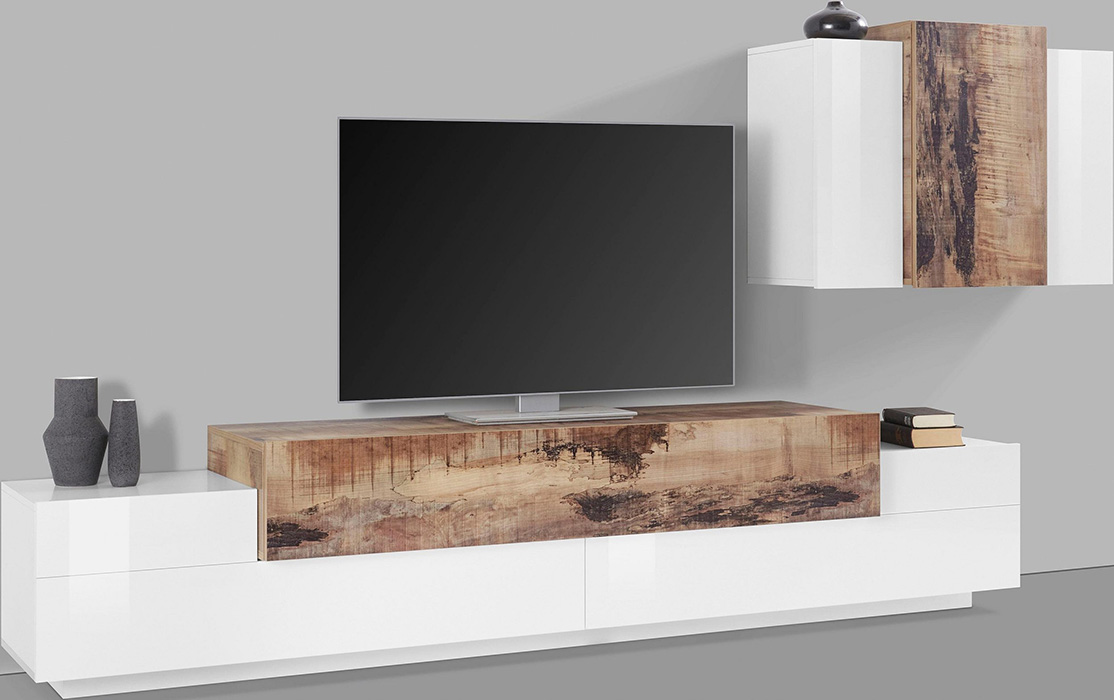 Porta Tv con pensile sospeso in finitura Bianco lucido e Pero