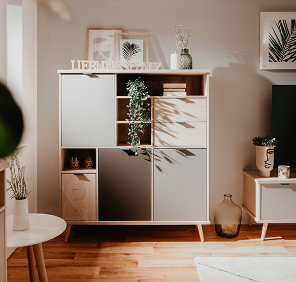 Soggiorno completo Rosvik in finitura Grigio Seta, Grigio Perla e Antracite