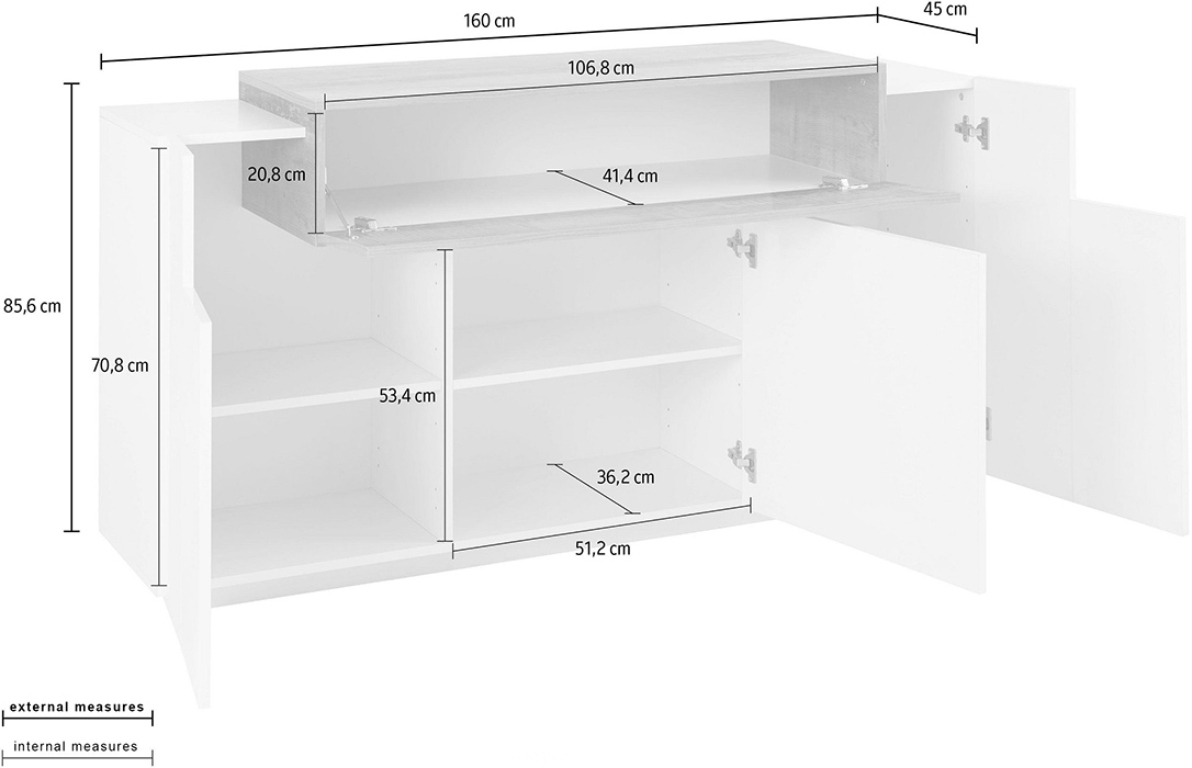 Madia moderna di design con 3 ante e una ribalta in finitura Bianco lucido e Ardesia